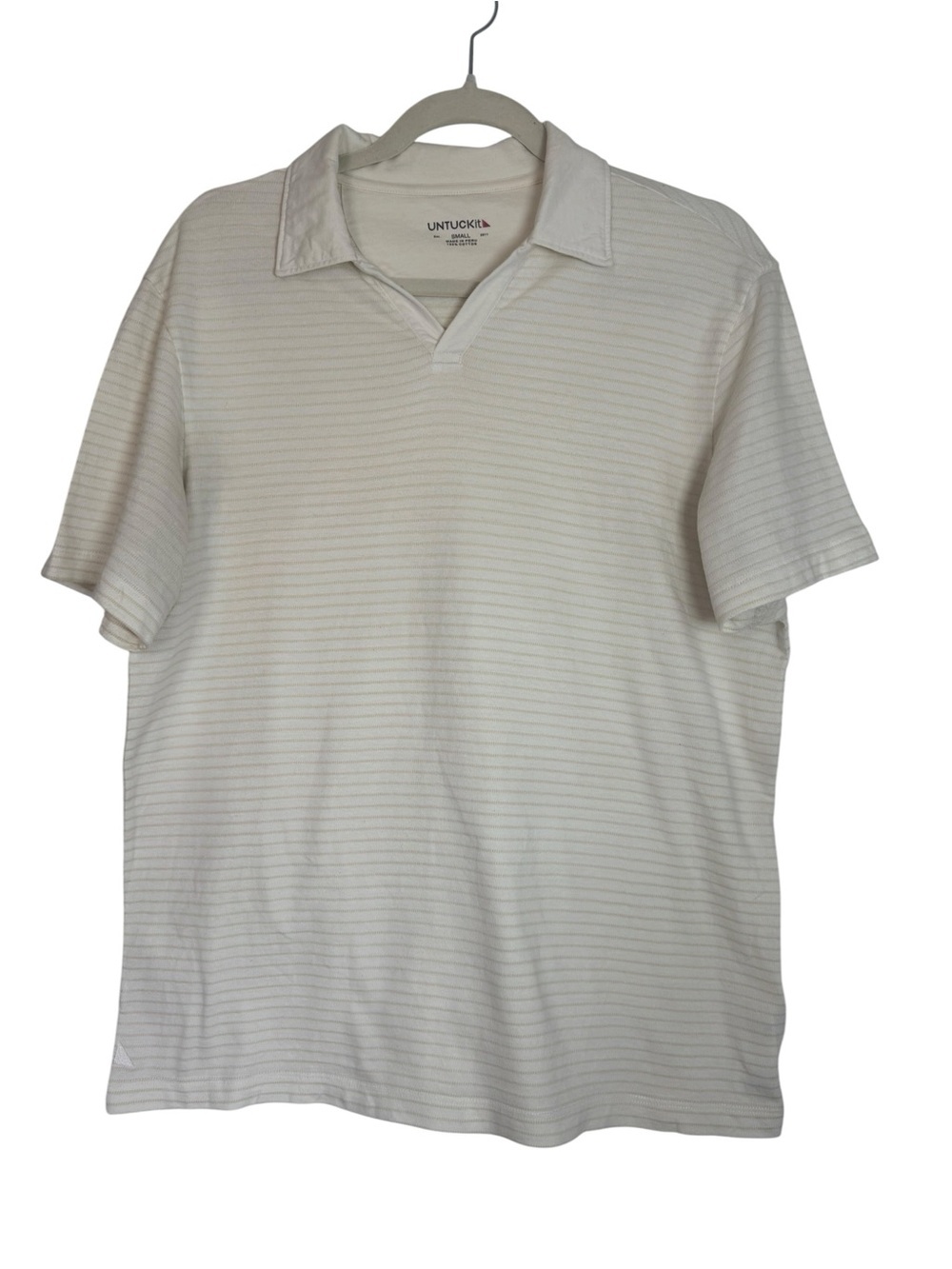 UNTUCKit Men's Small Polo Shirt in Light Cream with Subtle Tan Stripes